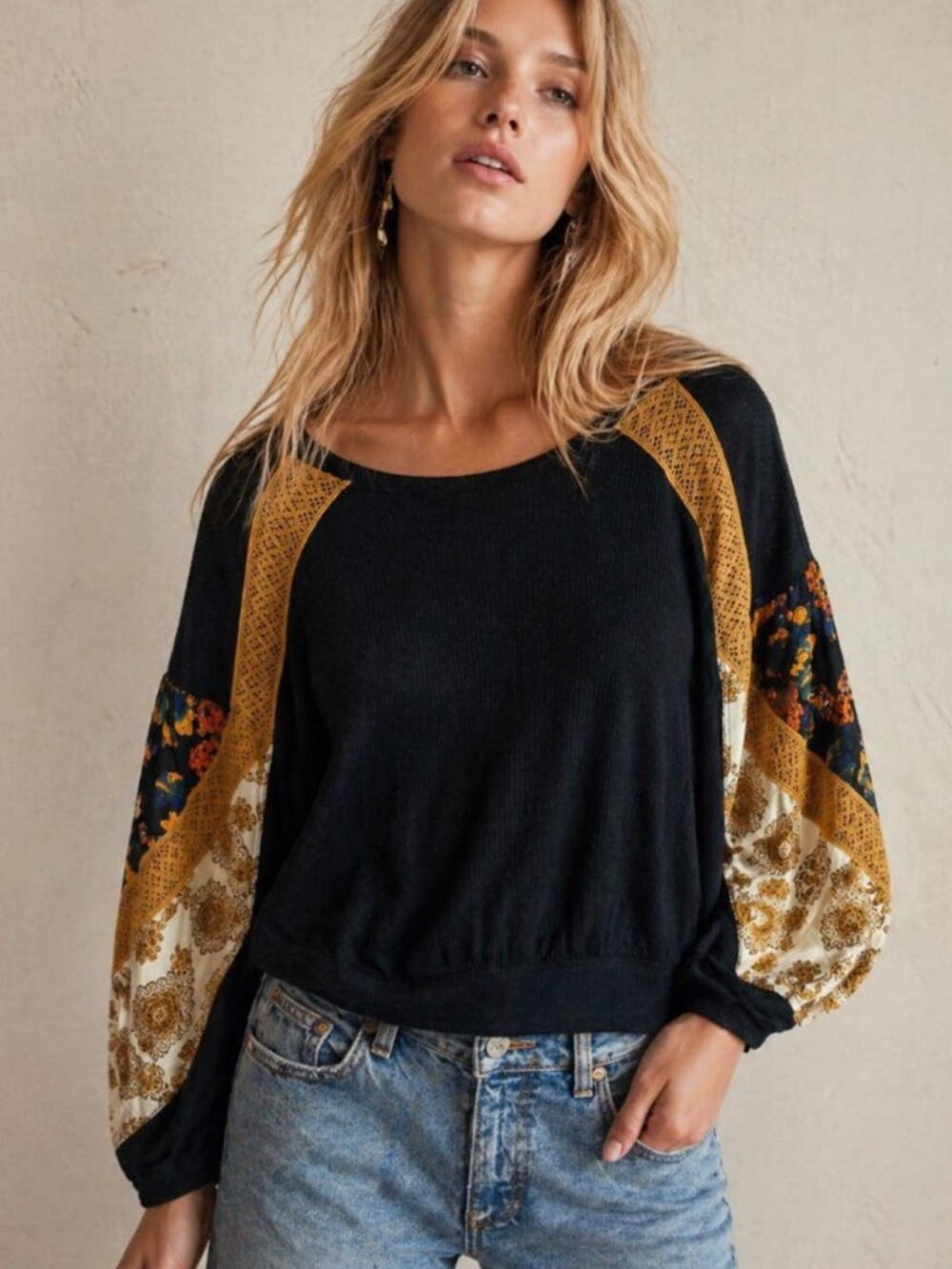 Free People Casual Clash Thermal Tunic Top Small Oversized Balloon Sleeve Boho S